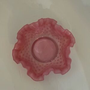 Vtg Fenton Glass Candy Dish Cranberry Opalescent Hobnail Ruffled Crimped
